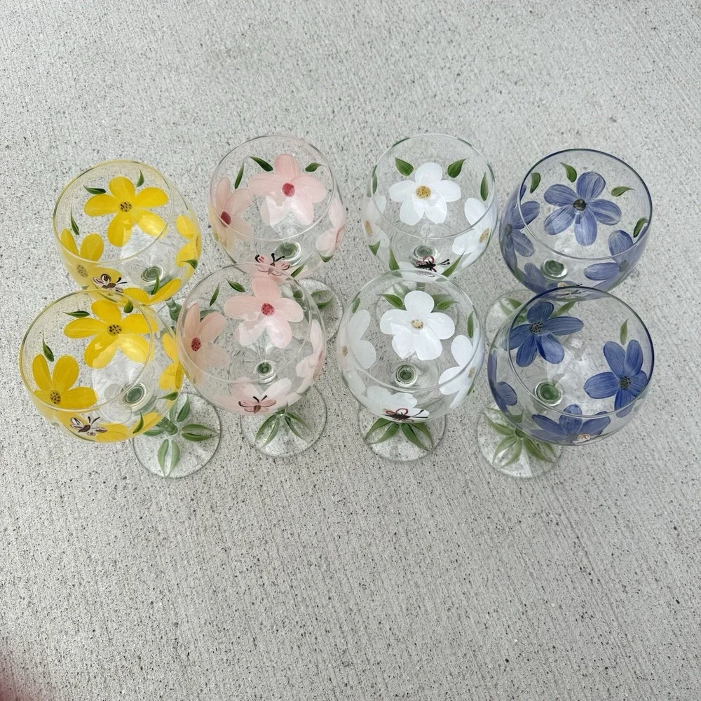 Vintage Hand Painted Wine Glass Floral Pansies Daisy 1970s Retro Kitchen Lot 8
